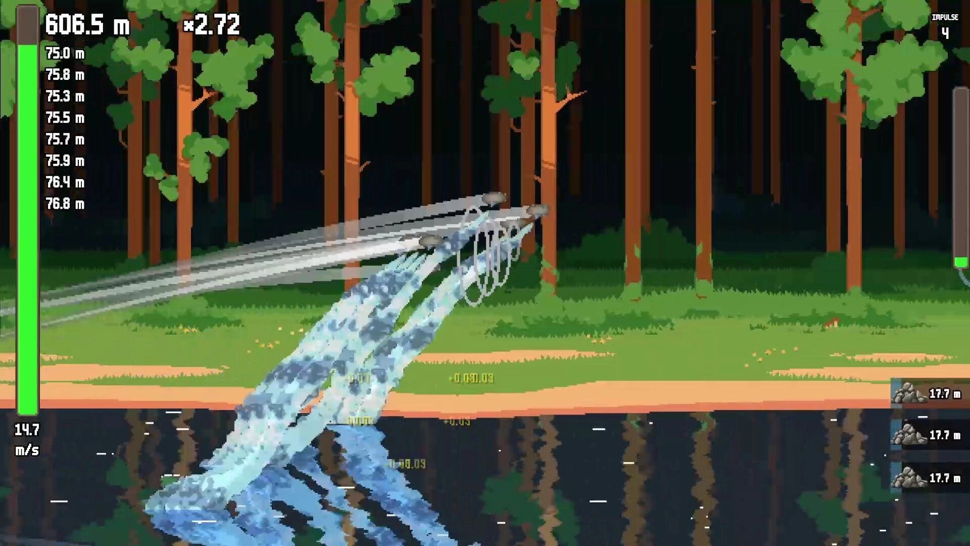 RippleLoop: Stone skips over lake with splash trails, distance and impulse UI in forest backdrop.