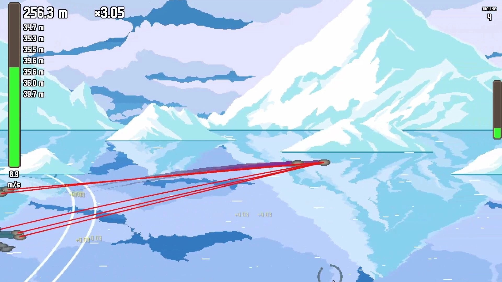 RippleLoop: Stone skipping with red trajectory lines over icy sea, distance and impulse meters on HUD.
