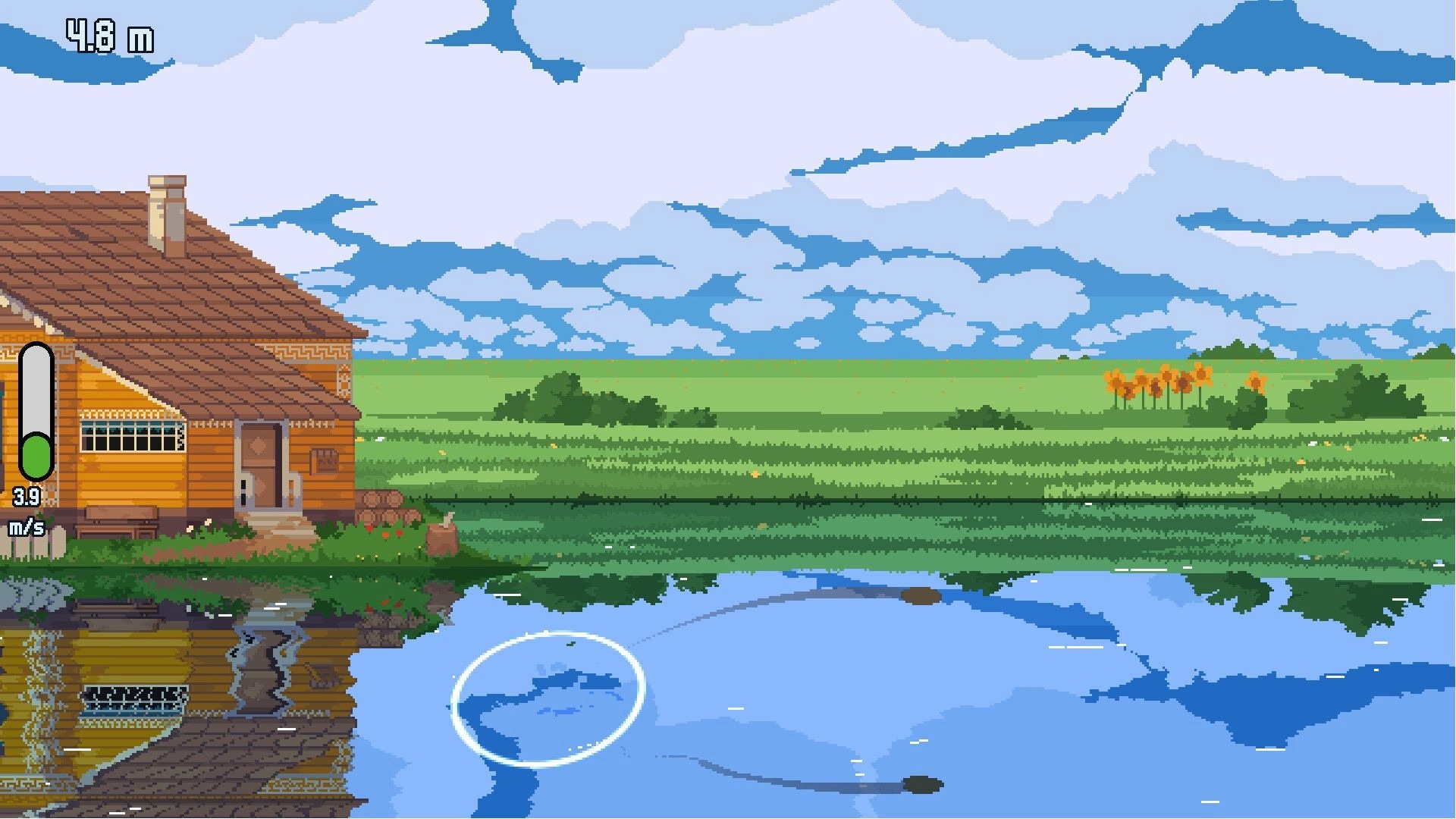 RippleLoop: Stone skip ripple target on lake with distance meter and speed gauge by cabin shoreline.