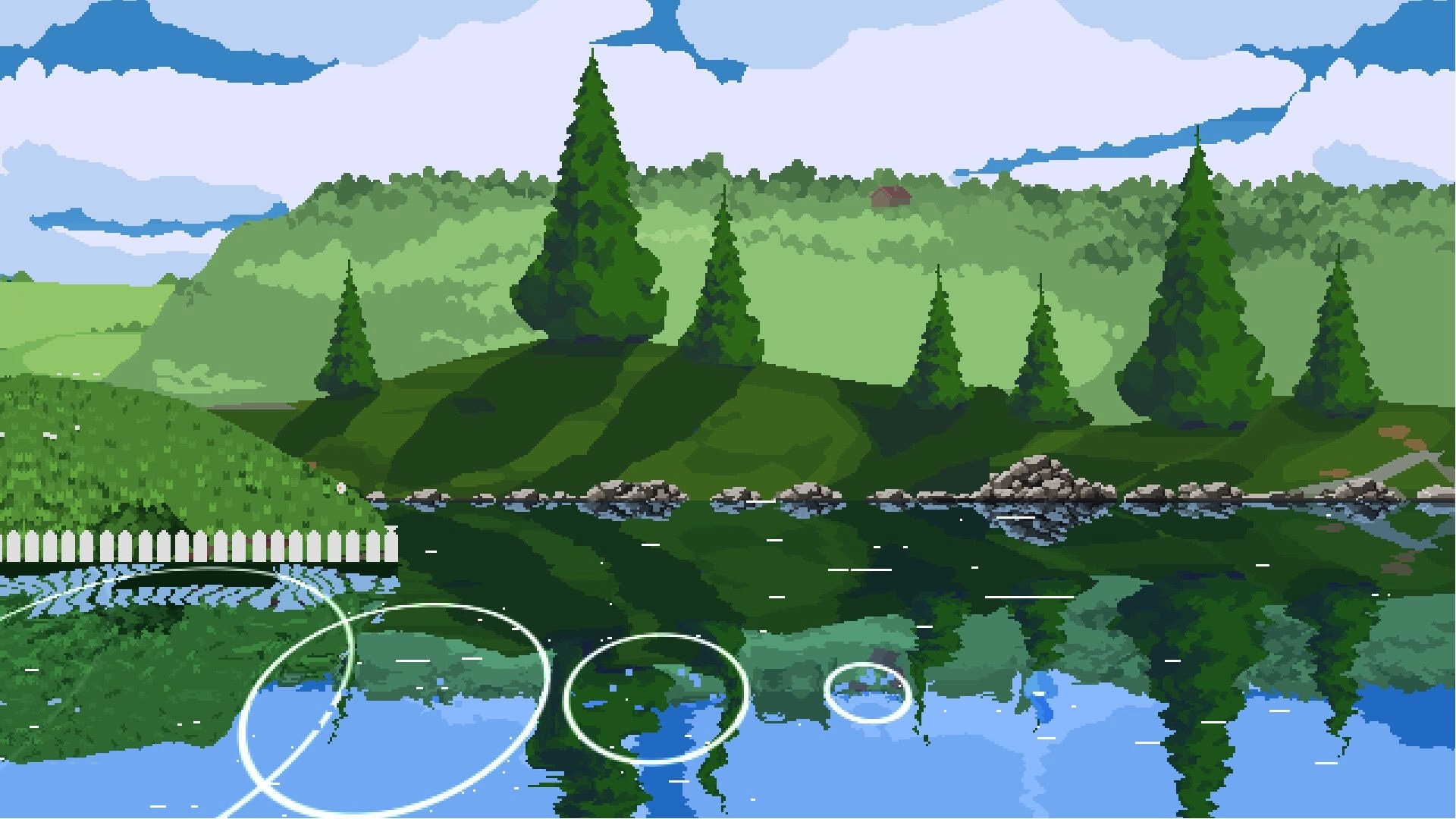 RippleLoop: Stone skip ripple rings and power meter over calm lake with pine hills and cloudy sky.