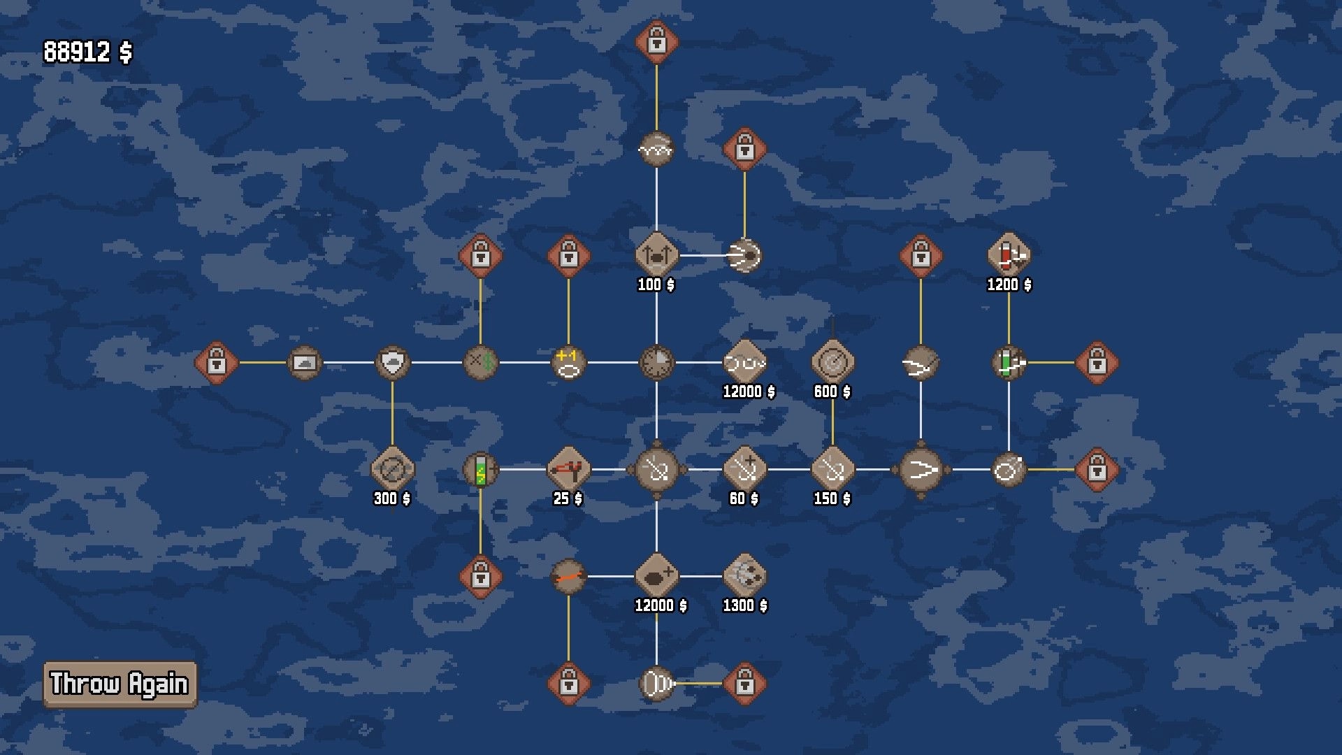 RippleLoop: Upgrade tree map with locked nodes and prices over rippling water, Throw Again button and cash UI.