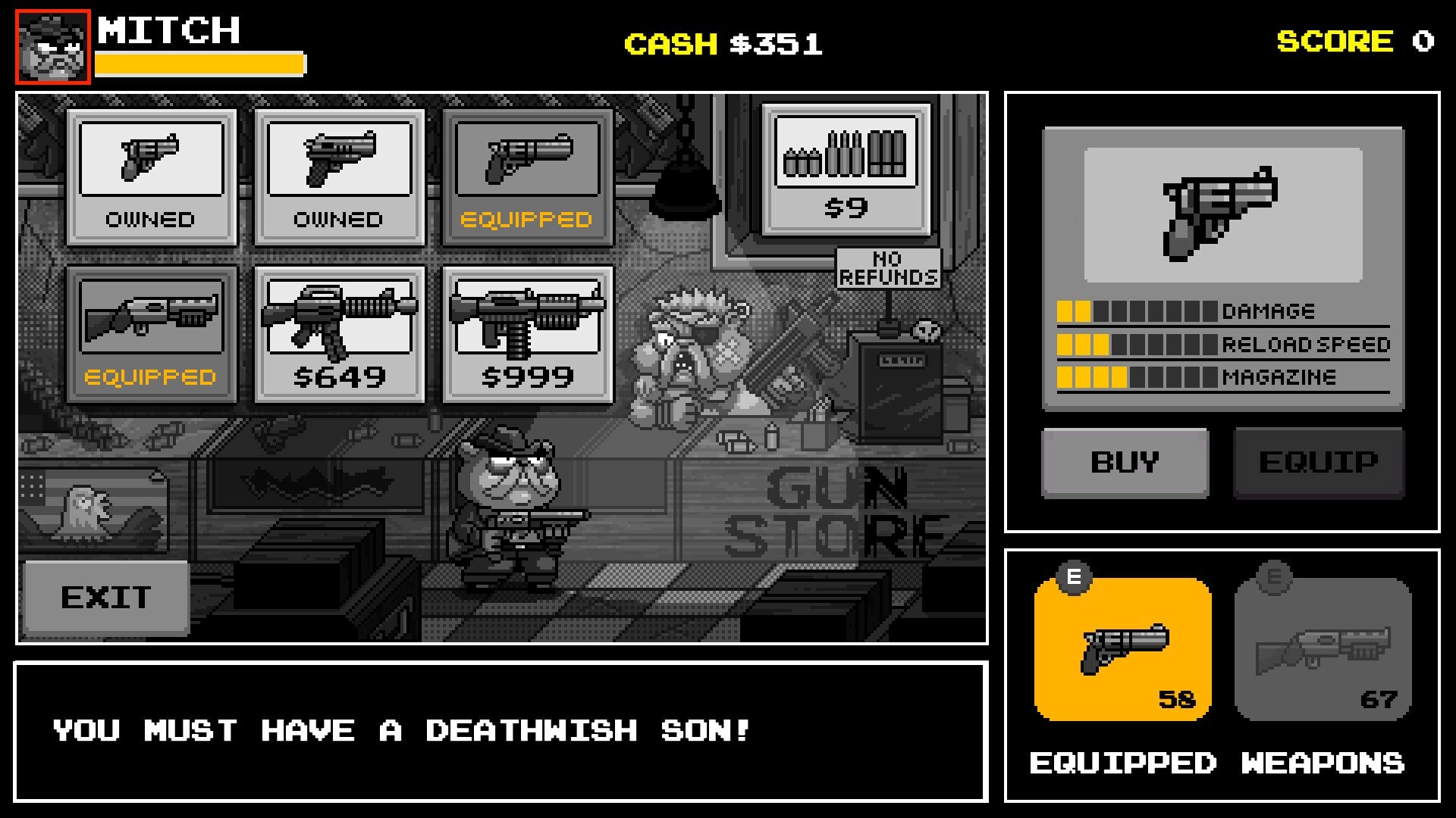 Rise of the Gorecats: Mitch browsing gun store buy/equip menu with cash and weapon stats in shop interior.