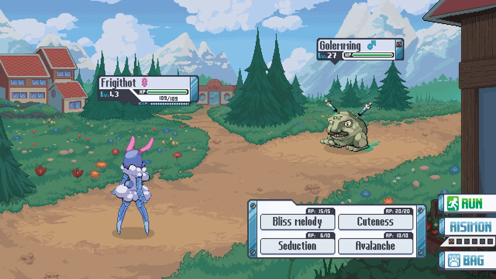 Risimon: Frigithot battles Golerming in a vibrant forest path with health bars and move options displayed.