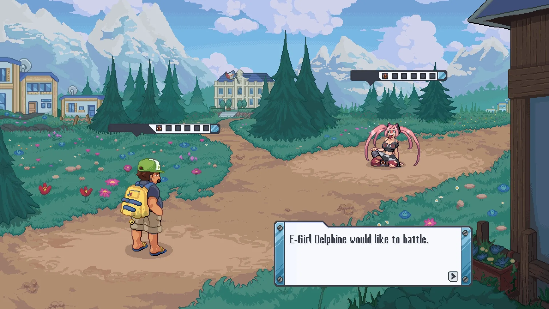 Risimon: Player faces E-Girl Delphine in a battle on a scenic mountain path with buildings nearby.
