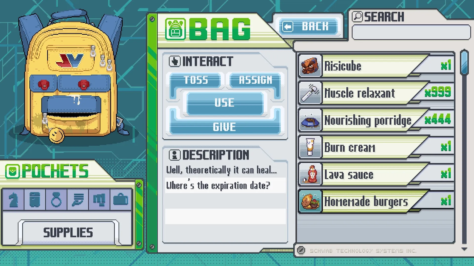 Risimon: Inventory screen with various items listed, including Risicube and Muscle Relaxant, in backpack.