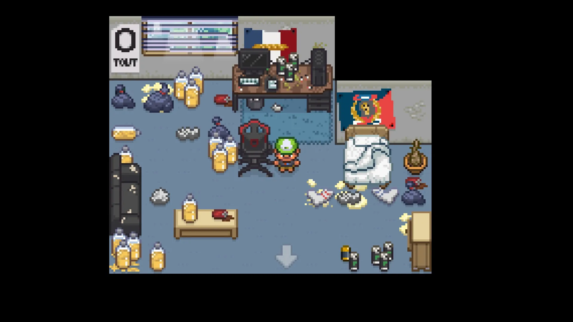 Risimon: Character in a cluttered room, surrounded by bottles and electronics, with a bed and gaming chair.