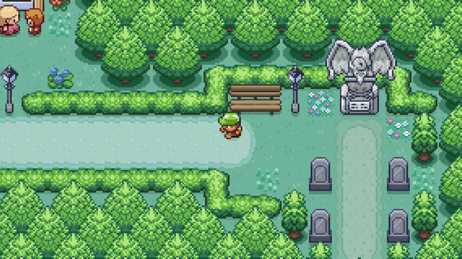 Risimon: Character explores park with bench, lampposts, and dragon statue near tombstones and trees.