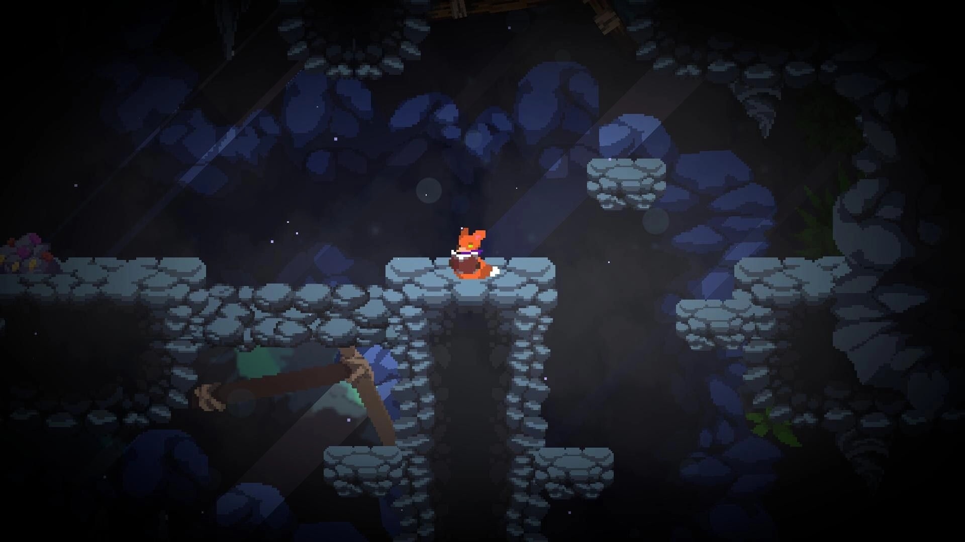 Rising Fox: Fox adventurer stands on stone ledge in shadowy cave ruins with broken wooden beam.