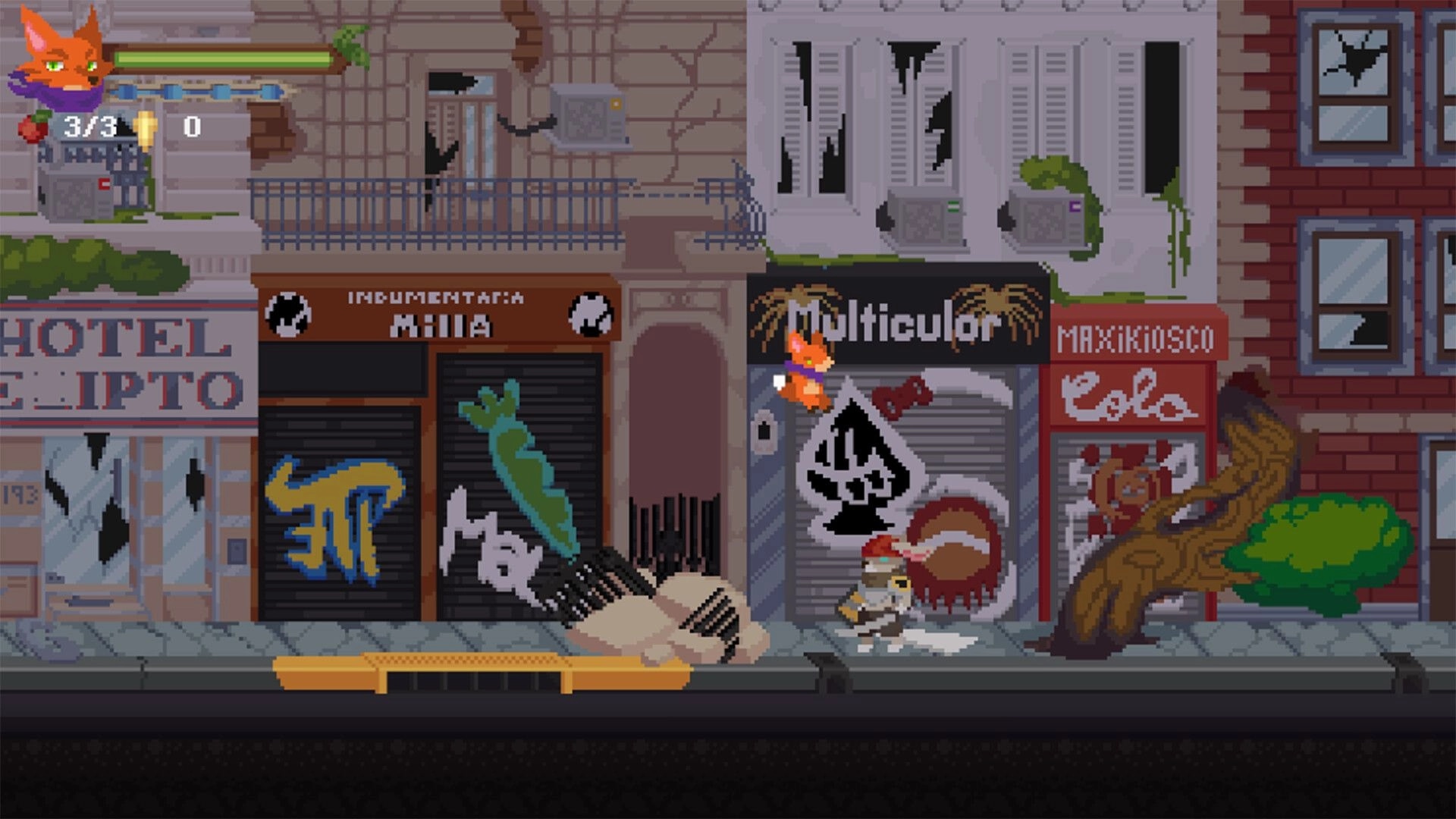 Rising Fox: Fox character jumps past graffiti storefronts with HUD hearts and coin counter in city street.
