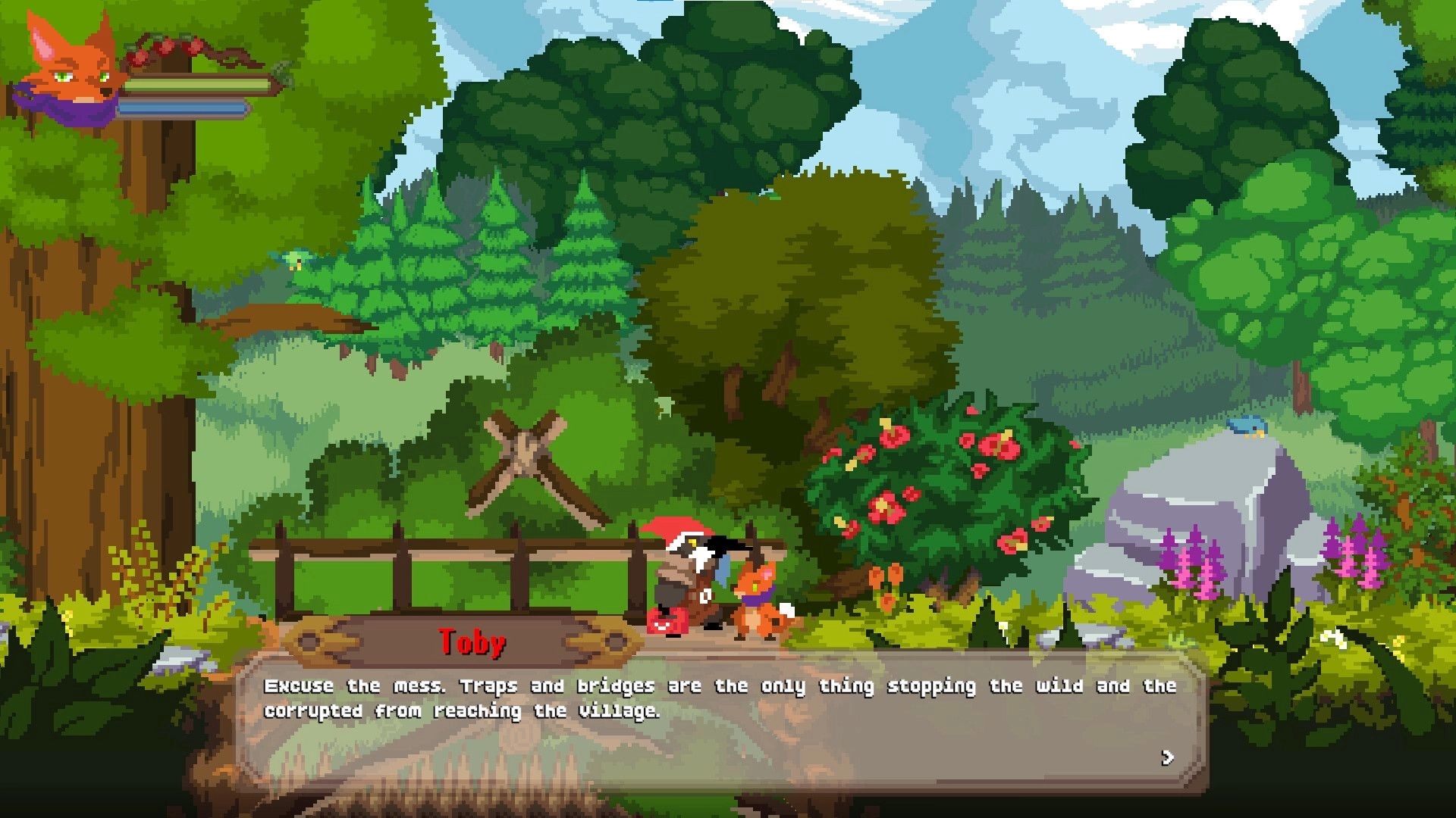 Rising Fox: Dialogue with Toby beside fox hero in lush forest path, portrait and health bars UI.