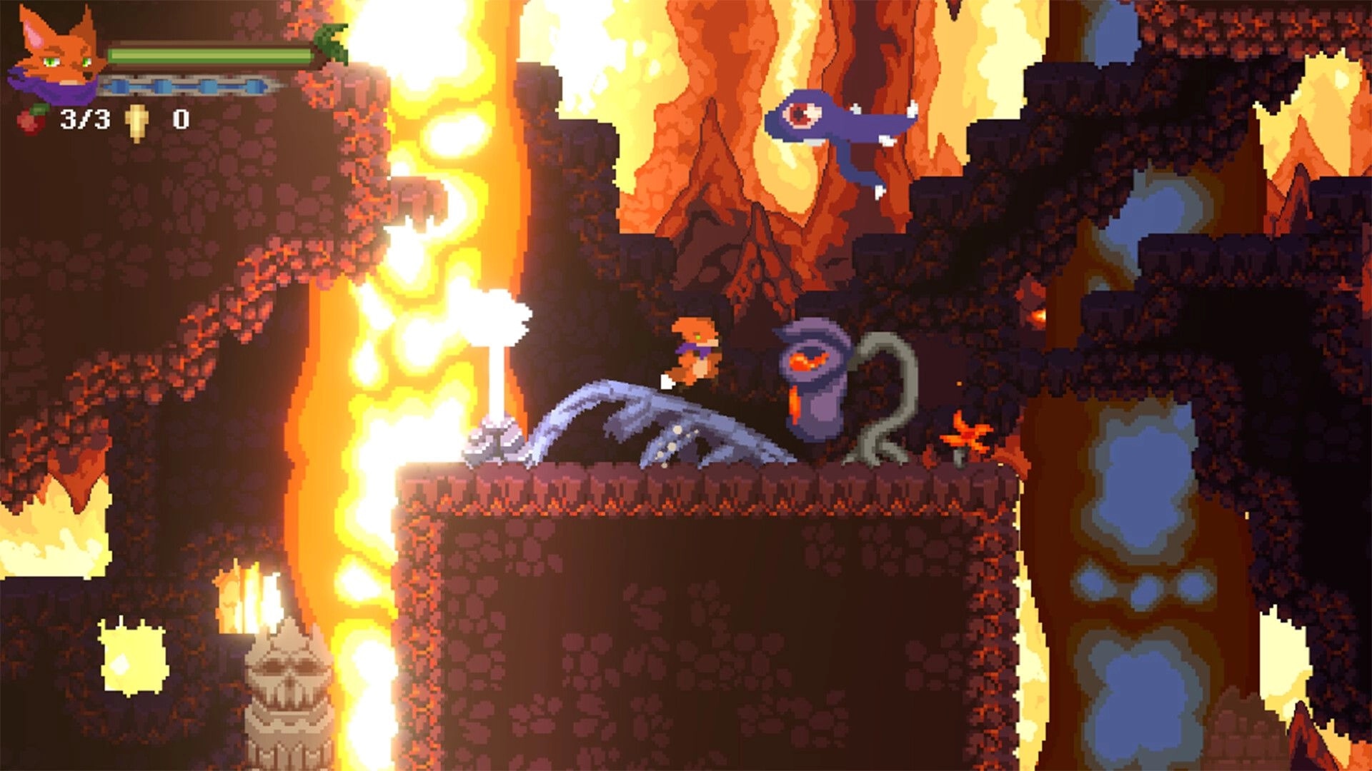Rising Fox: Fox adventurer jumps past plant enemy in lava cave, HUD shows hearts 3/3 and coins 0.