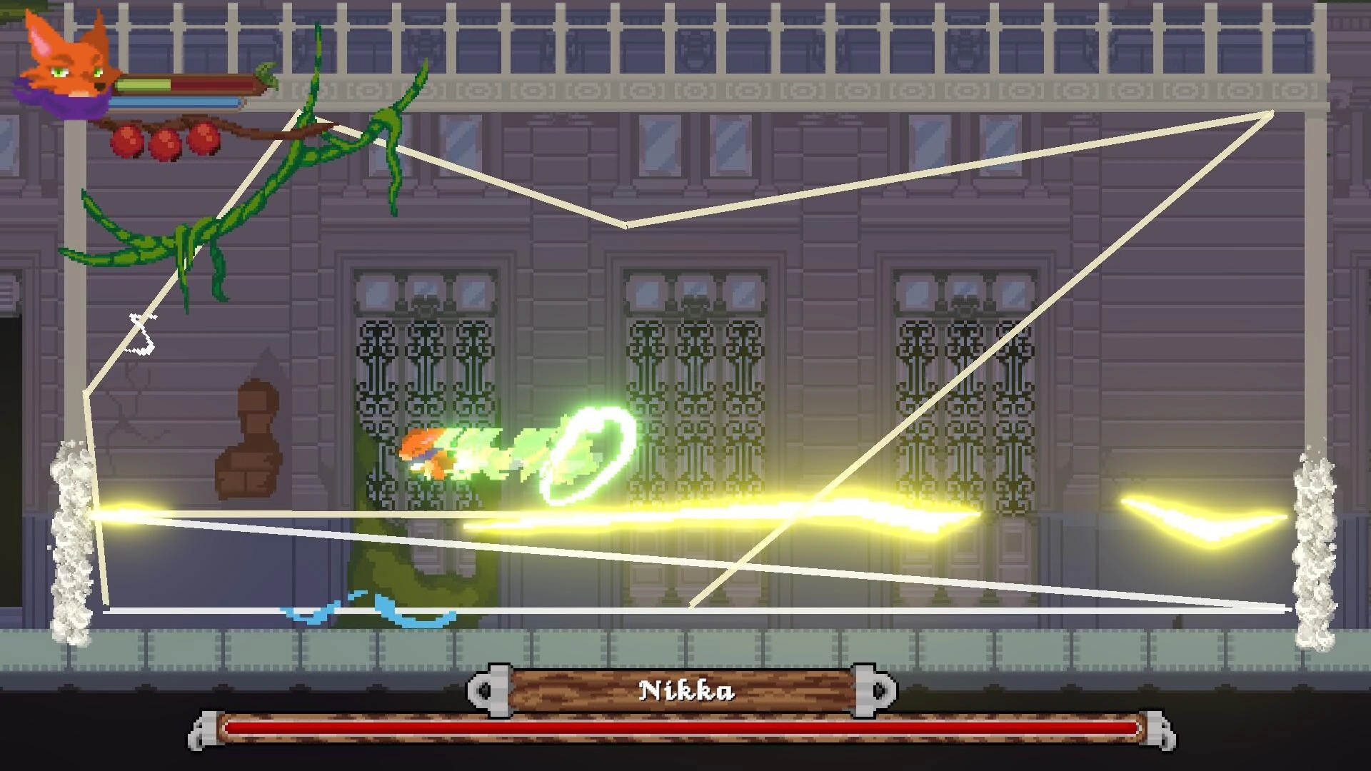 Rising Fox: Fox hero dashes through glowing ring as boss Nirka attacks in a stone hall arena UI.