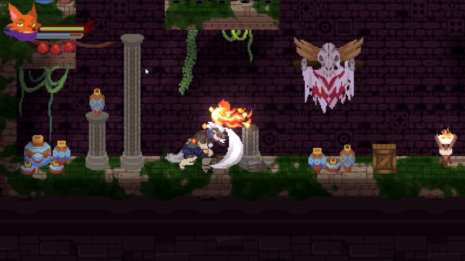 Rising Fox: Fox warrior slashes with fiery arc in ruined temple corridor with HUD and torches lit.