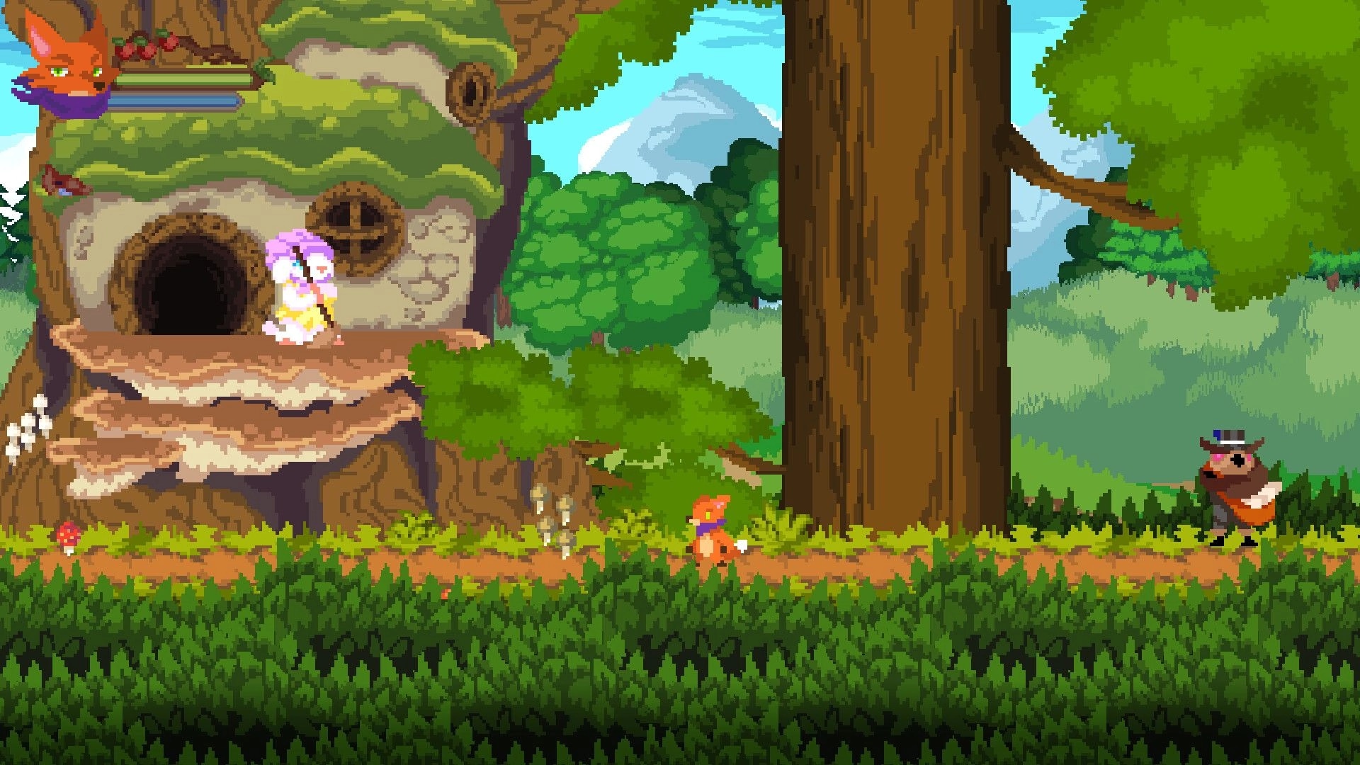 Rising Fox: Fox hero on forest path near treehouse, HUD hearts and bars, bird NPC ahead.