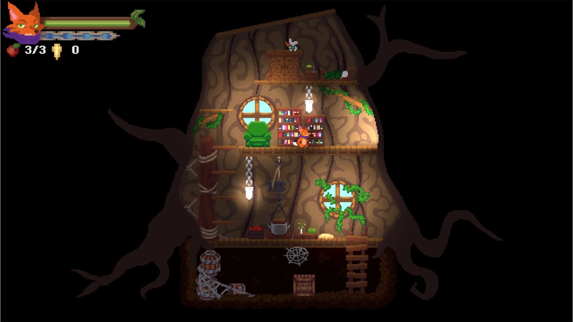 Rising Fox: Fox character by bookshelf in a treehouse room, HUD with health bar and 3/3 shown.