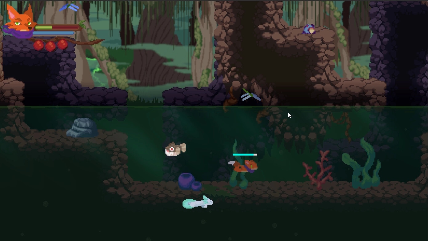 Rising Fox: Fox swims underwater past fish and coral, HUD with health bar and orbs in swamp cave.
