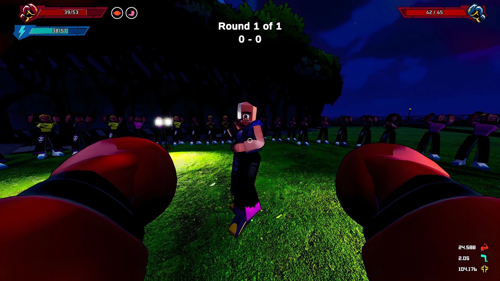 Rising Spirit: First-person boxing match facing opponent in night park arena, Round 1 UI and health bars.