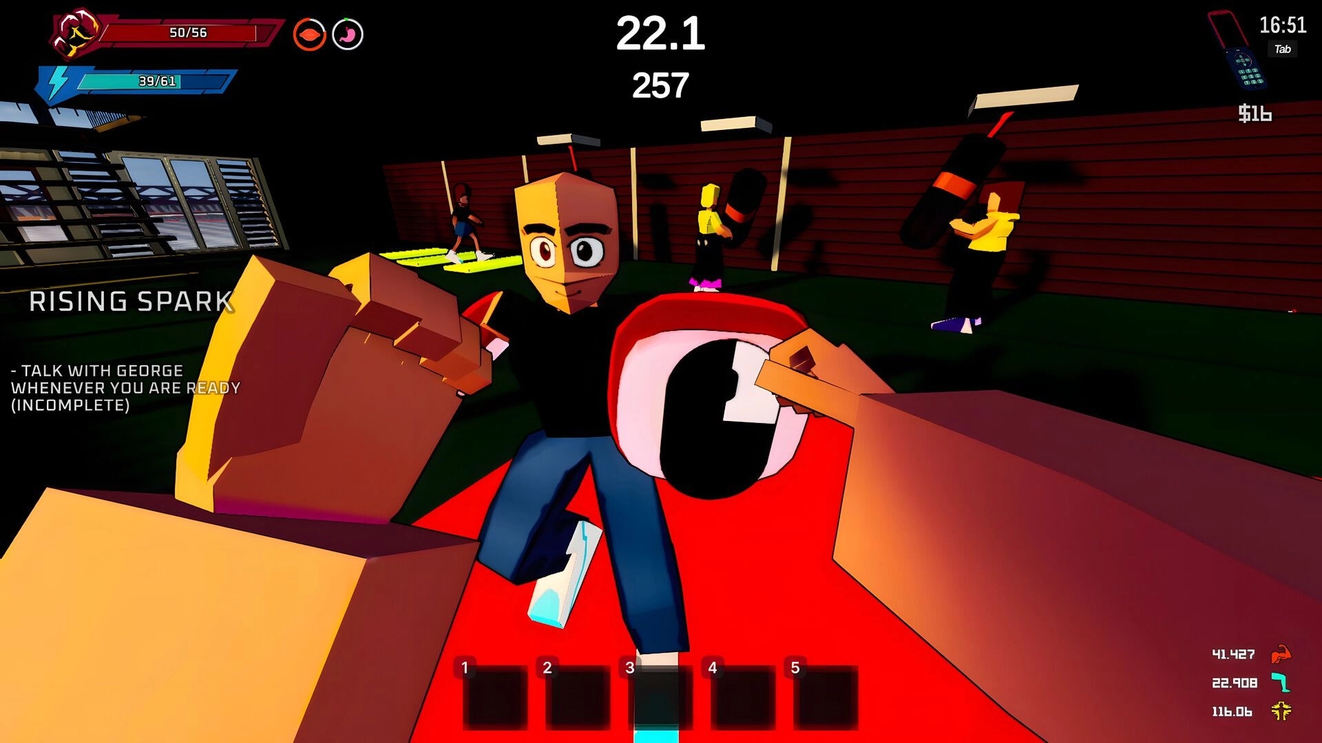 Rising Spirit: First-person sparring with gloved fists raised in a gym, quest text and stats HUD visible.