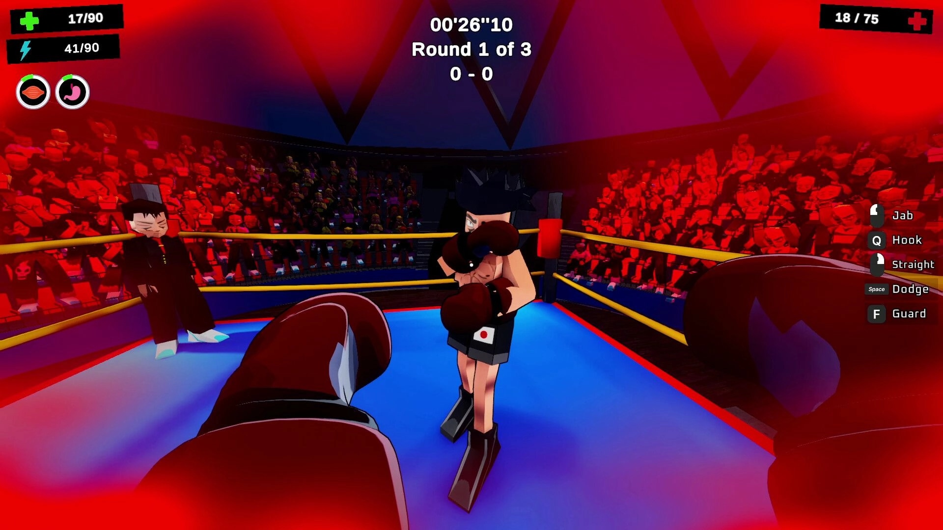 Rising Spirit: First-person boxing round facing guard-up opponent in ring, crowd and punch controls UI.