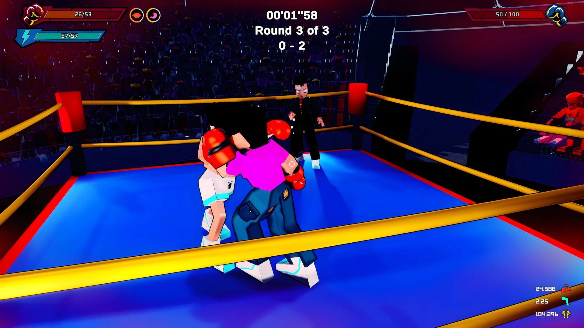 Rising Spirit: Boxer clinches opponent in ring, Round 3 UI timer and health bars over arena crowd.