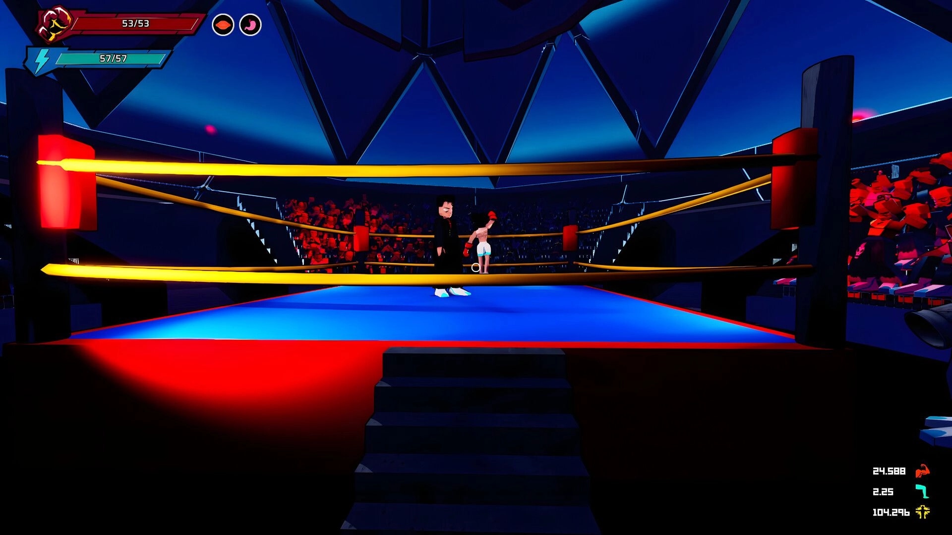 Rising Spirit: Boxer and referee in ring with health bars and stats HUD in a neon-lit arena crowd.