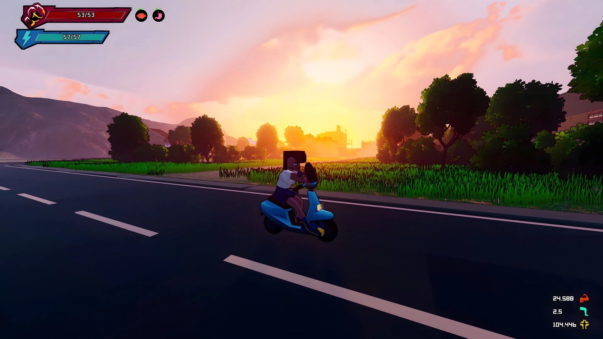 Rising Spirit: Boxer riding a blue scooter on a rural road at sunset with health and stamina HUD visible.