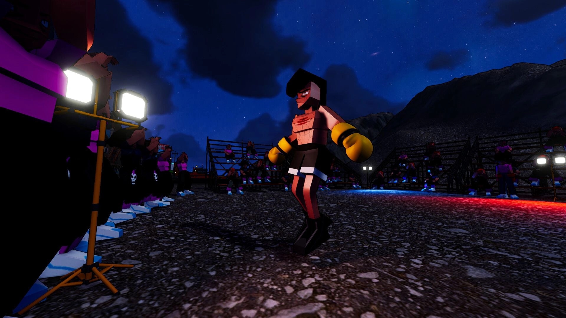 Rising Spirit: Boxer in yellow gloves poses in outdoor fight arena with crowds and floodlights at night.