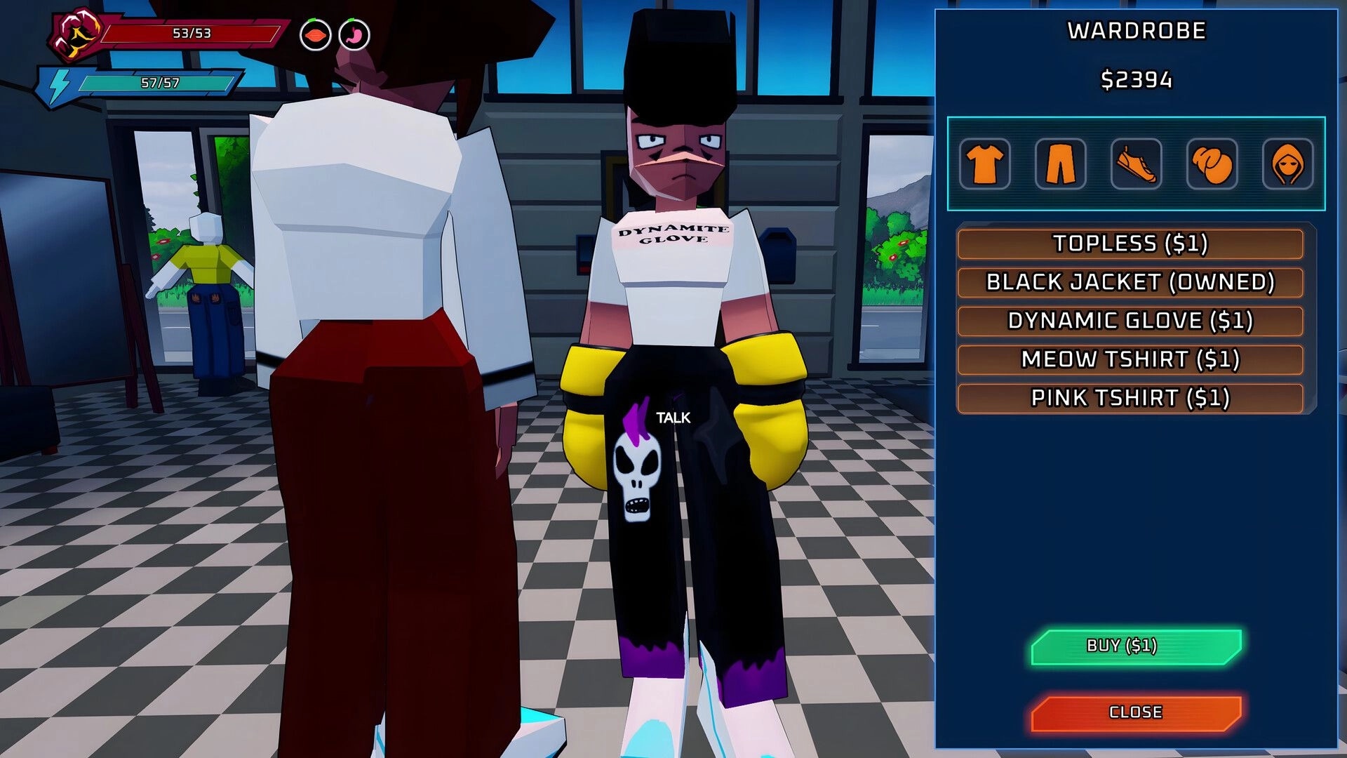 Rising Spirit: Wardrobe shop menu with clothing list and buy button, boxer facing shop clerk indoors.