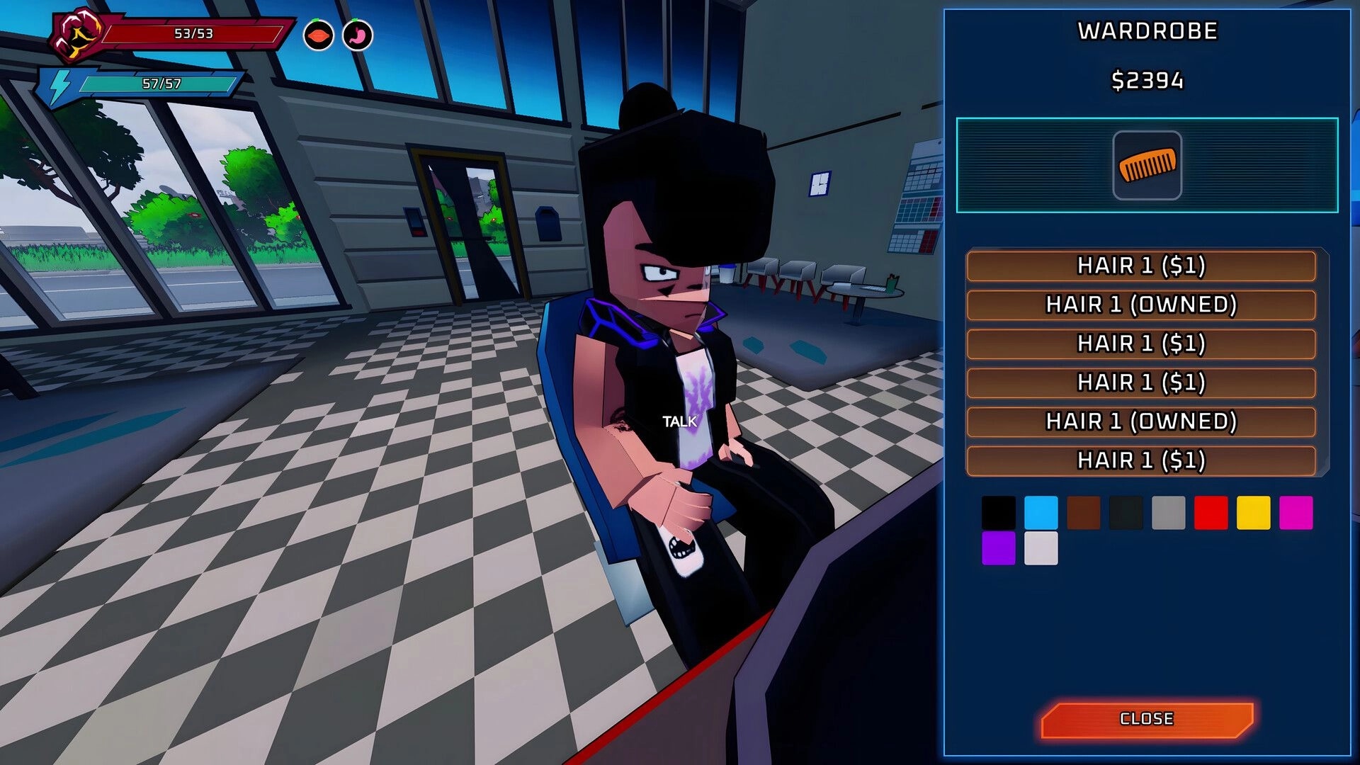 Rising Spirit: Wardrobe menu selecting hairstyles and colors while seated in a barbershop lobby.