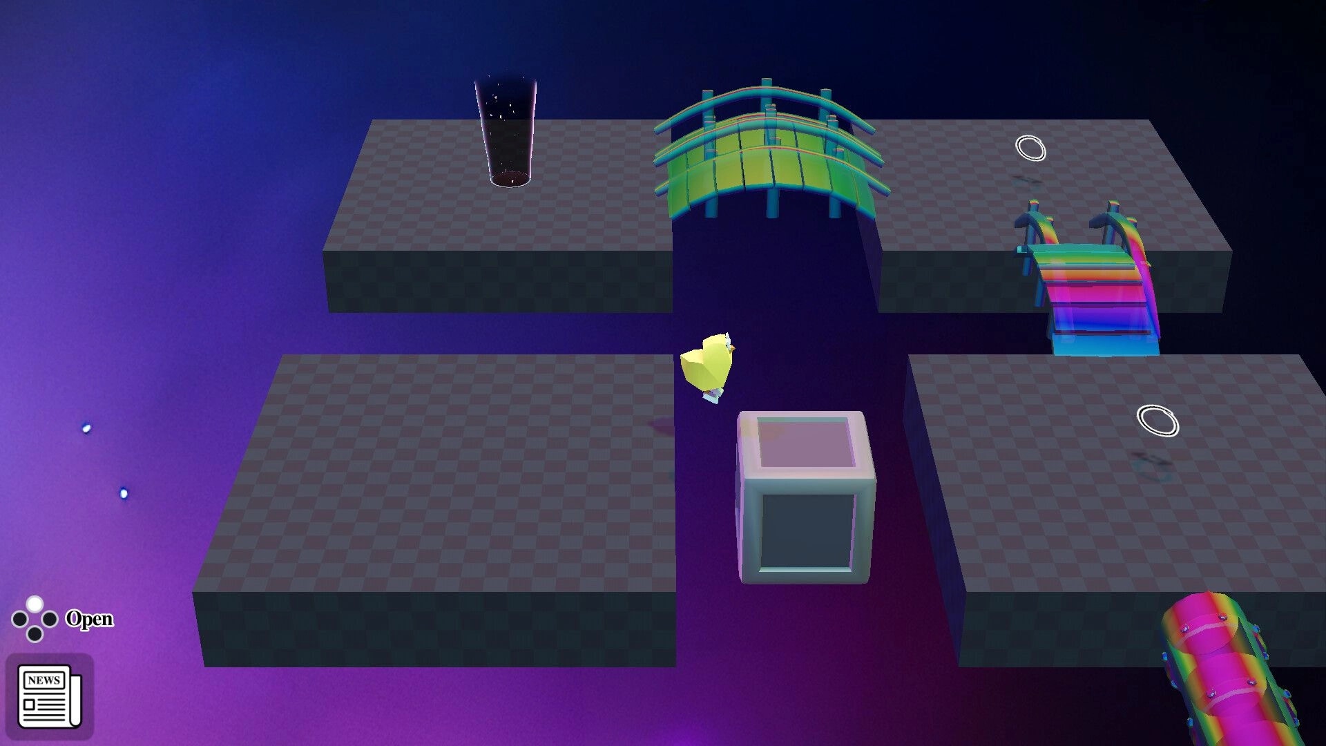 Rita: Chicklet explores floating platforms with colorful bridges and circular puzzle elements