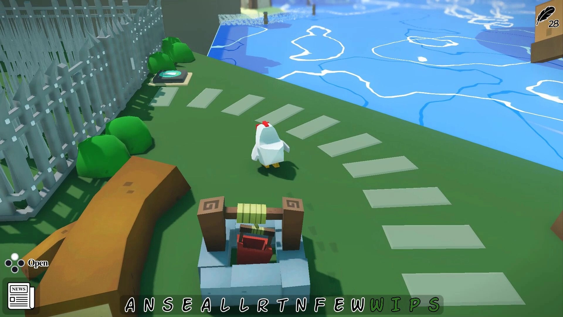 Rita: Little chicklet explores grassy area near a well, with a word puzzle interface at the bottom.