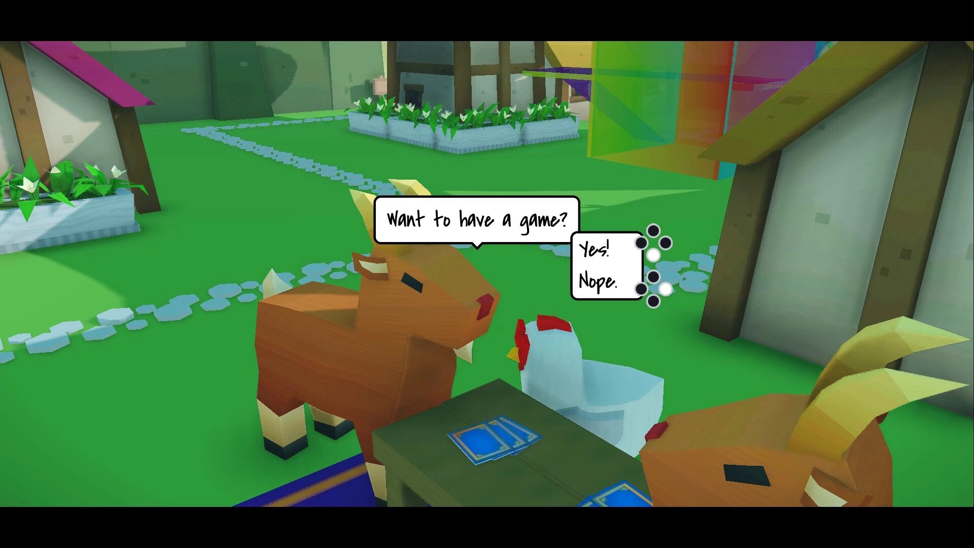Rita: Chicklet converses with a goat about playing a card game in a colorful village setting.
