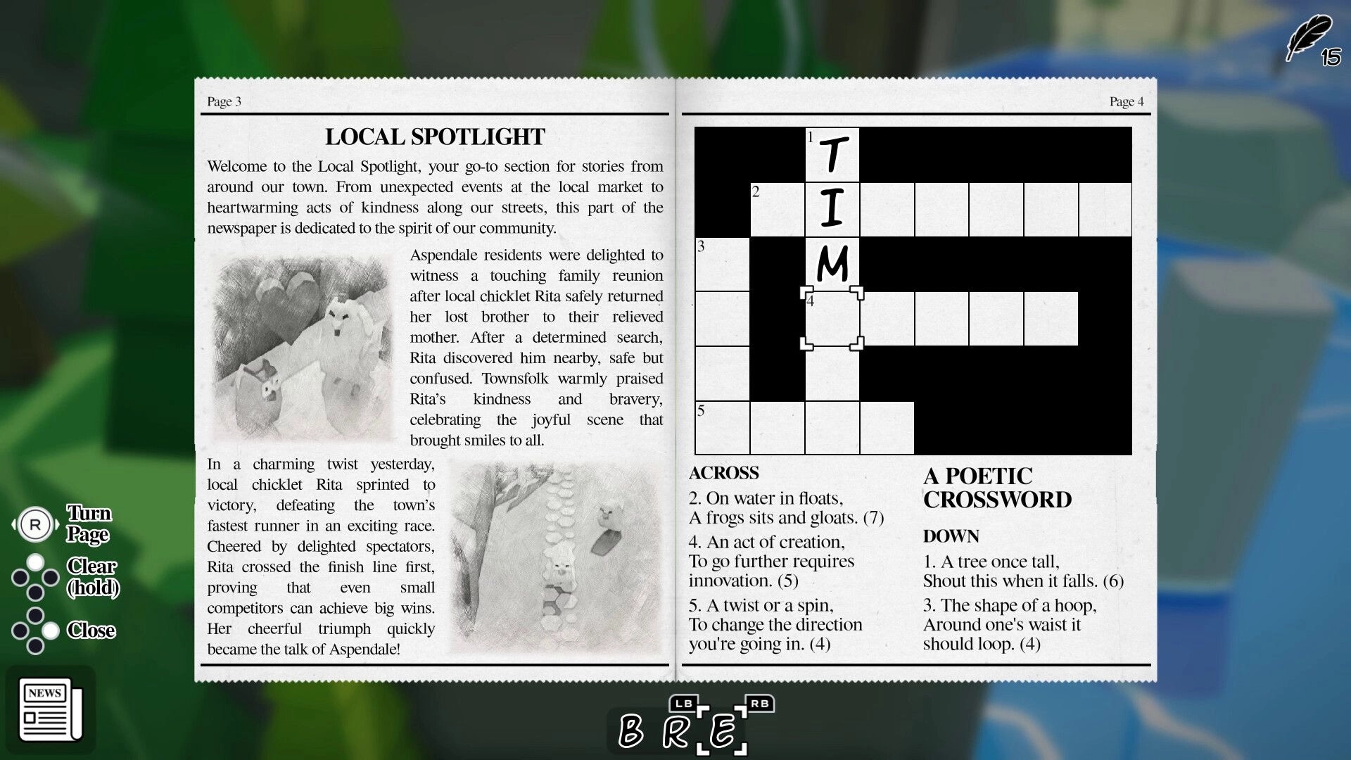 Rita: Crossword puzzle interface with "RITA" highlighted, set in a vibrant village background.