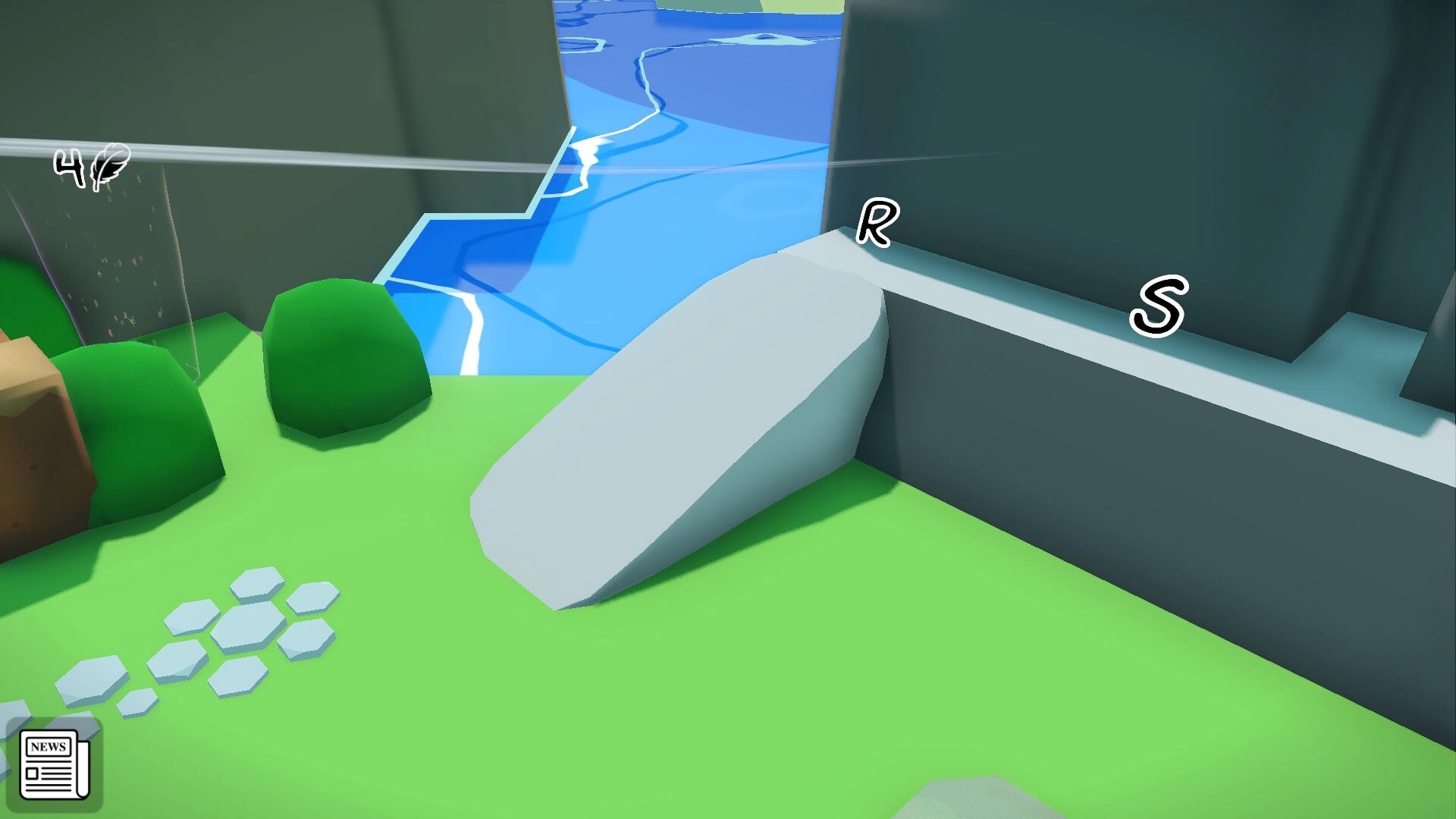 Rita: Word puzzle with letters "R" and "S" near a riverbank area, showing inventory icon bottom left.