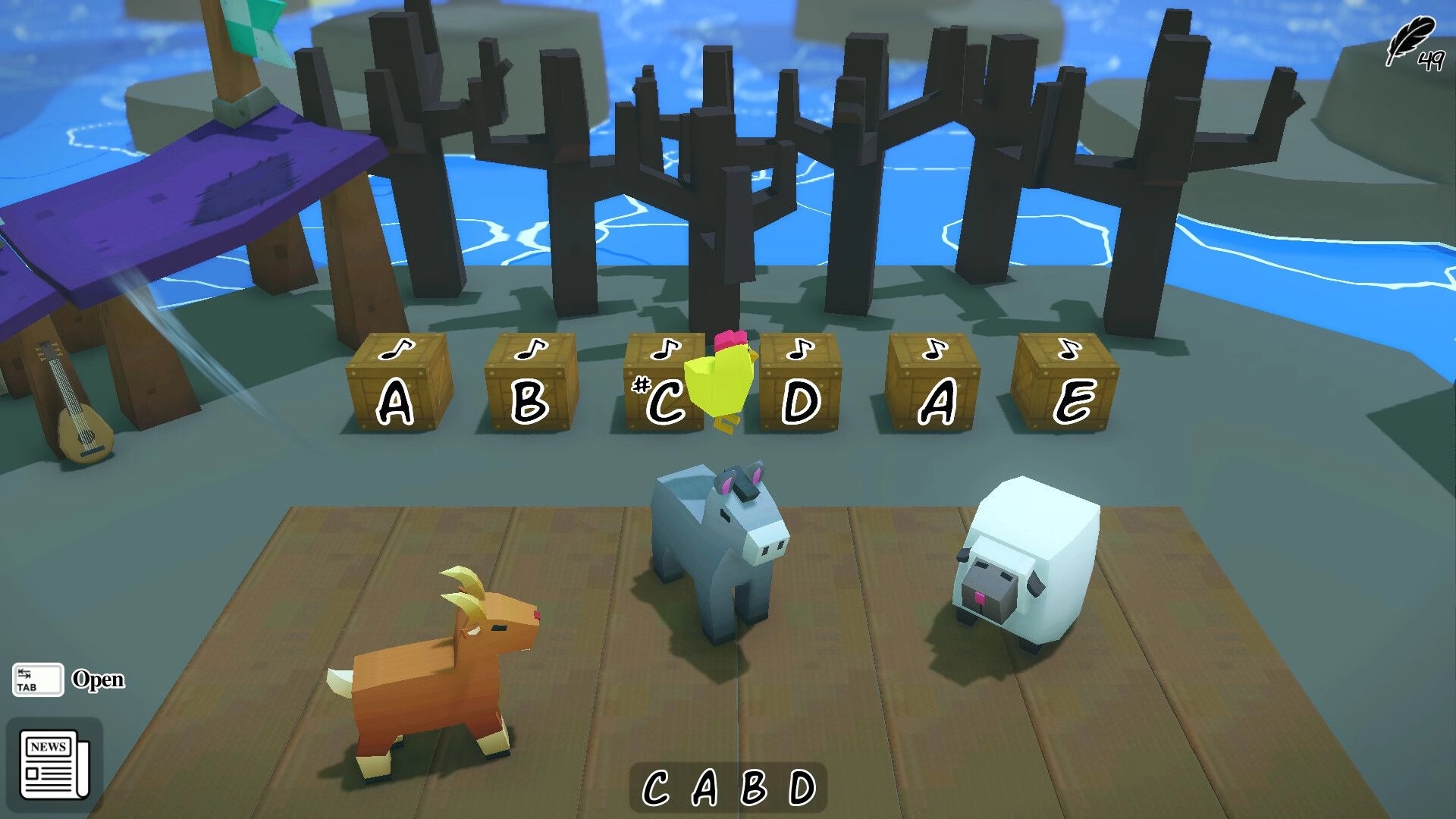 Rita: Chicklet interacts with musical note boxes in a forest setting with a goat, donkey, and sheep nearby.