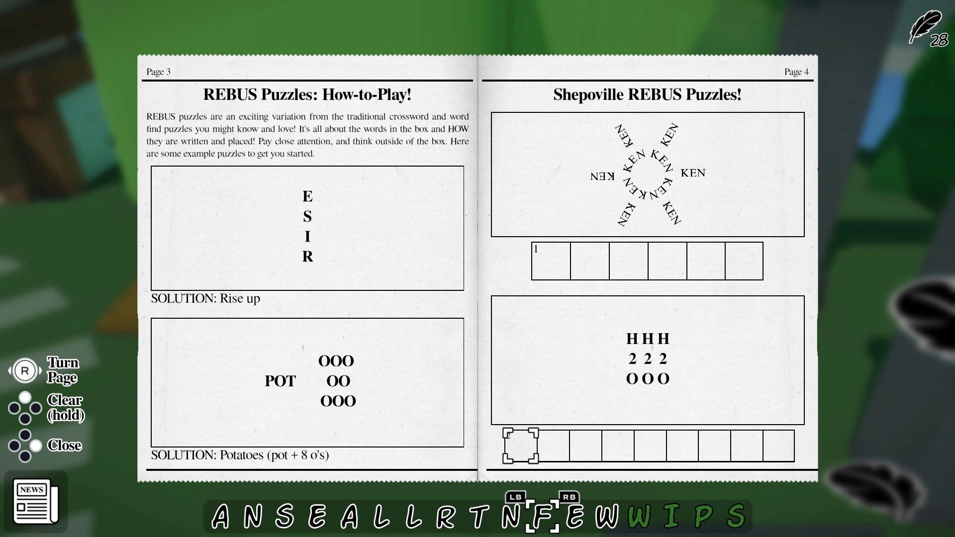 Rita: REBUS puzzle book with solutions and word tiles interface in cozy adventure setting