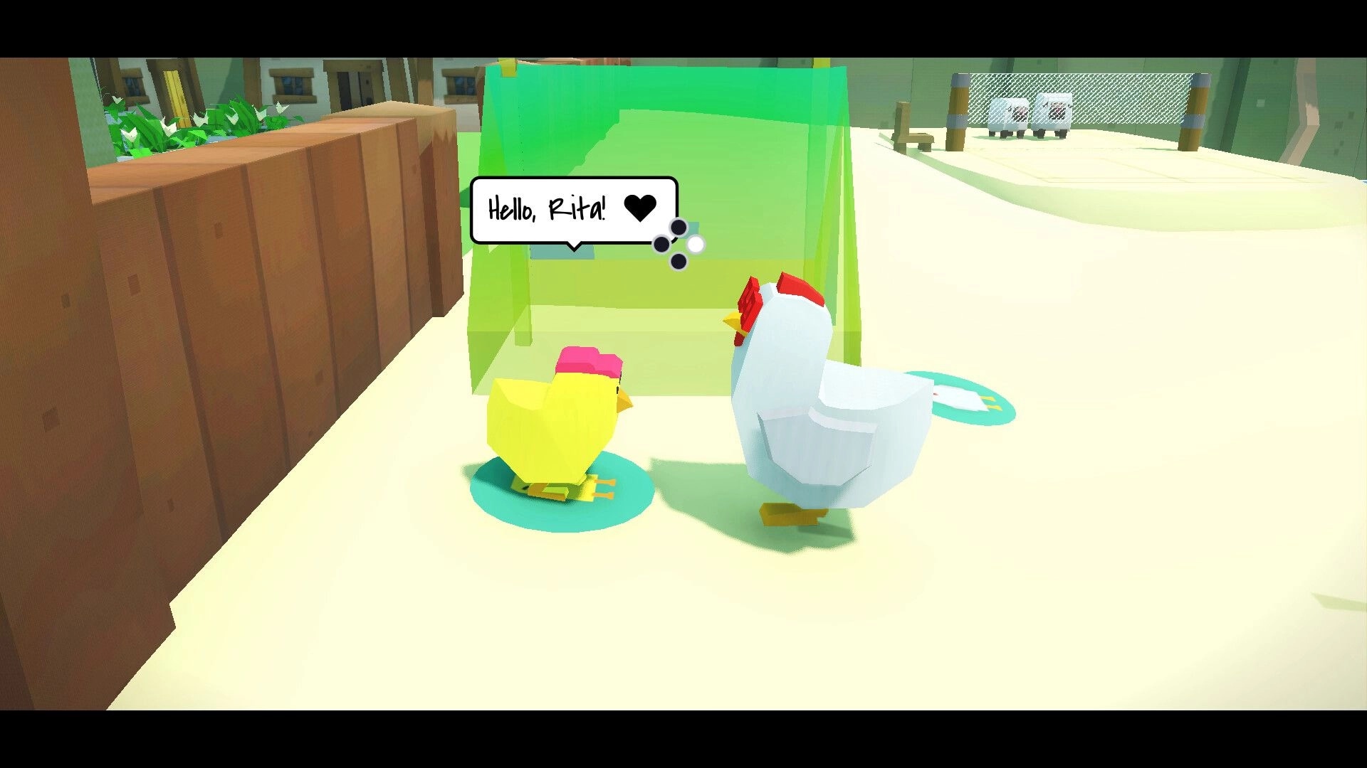 Rita: Chicklet interacting with a mother hen in a sunny village courtyard with dialogue bubble visible.