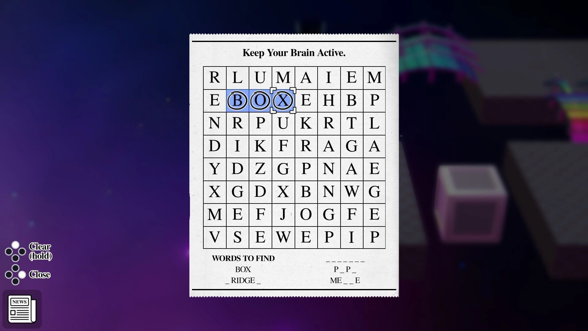 Rita: Word puzzle grid with highlighted word "BOX" and interactive buttons on purple gradient background