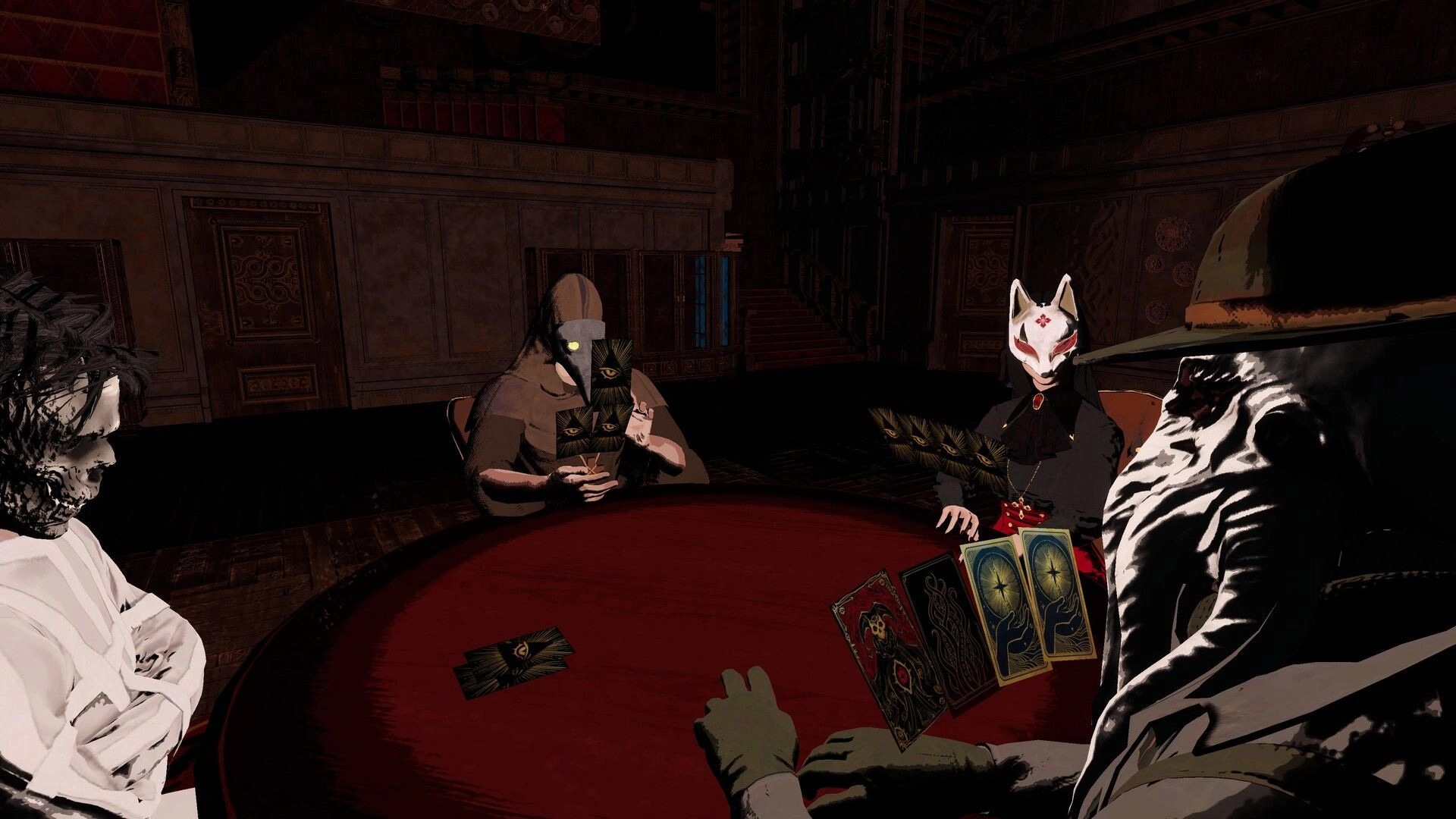 Rite or Ruin: Four masked cultists playing cards around a table in a dimly lit, ornate room.