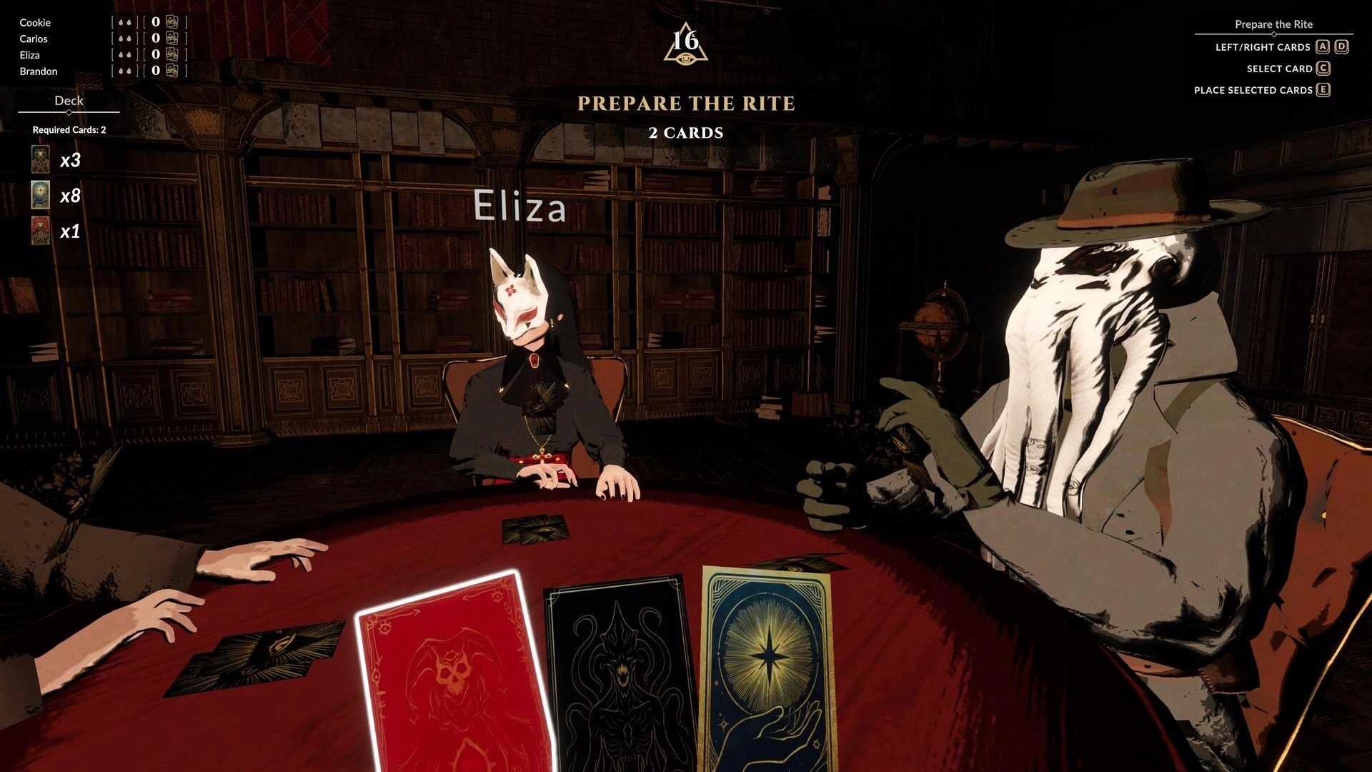 Rite or Ruin: Eliza and rival cultist plan card strategy in dark library setting