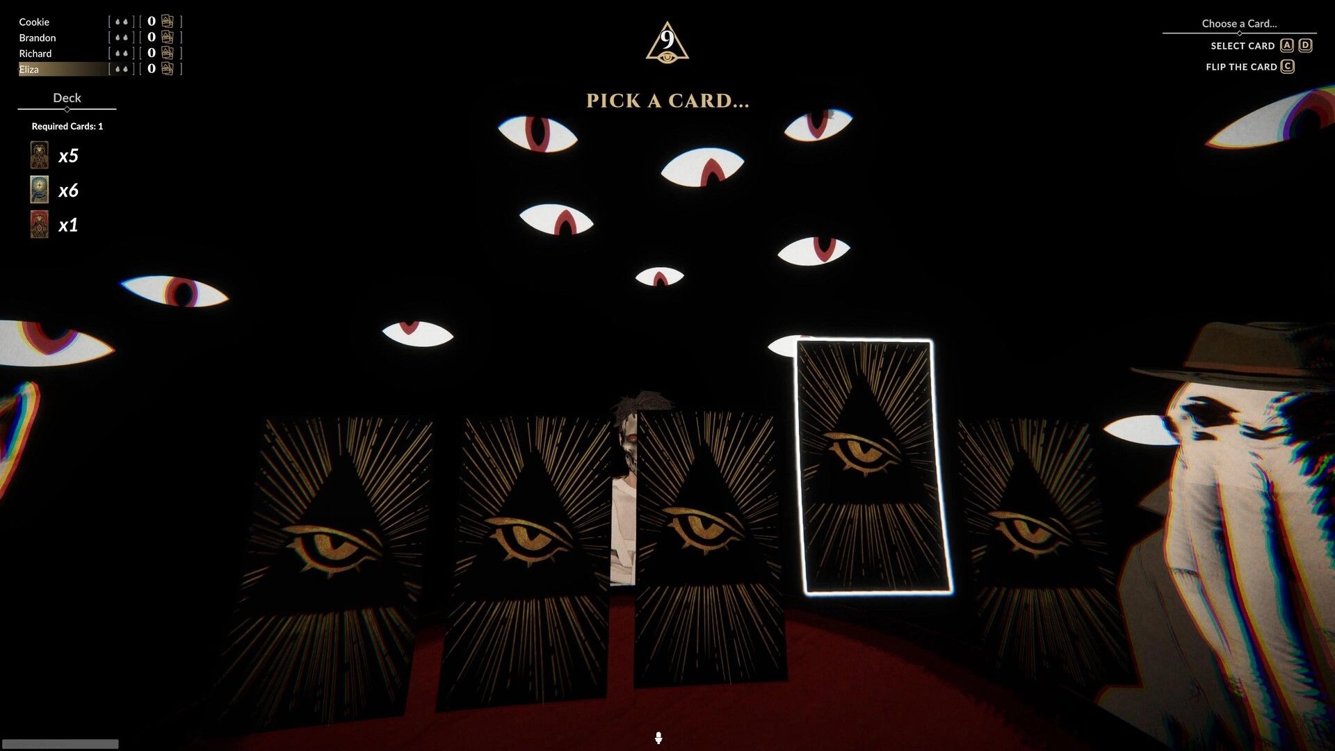 Rite or Ruin: Card selection screen with eerie eye symbols and floating eyes in a dark environment