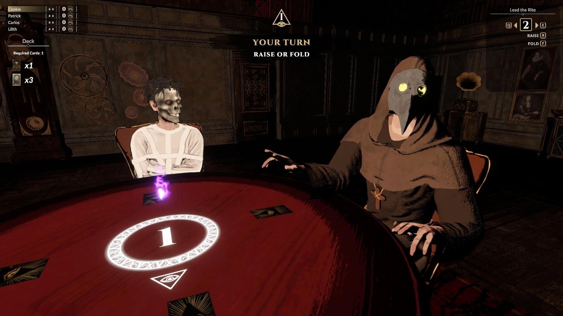 Rite or Ruin: Player in hooded robe at table deciding to raise or fold in dimly lit room