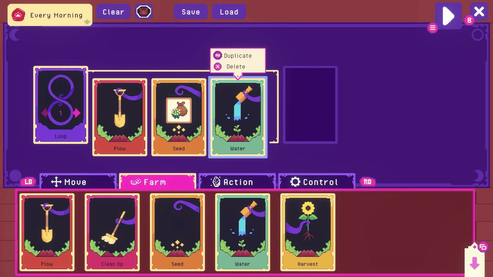 Ritual of Raven: Farm action card interface with options like Plow, Seed, and Water in purple menu.