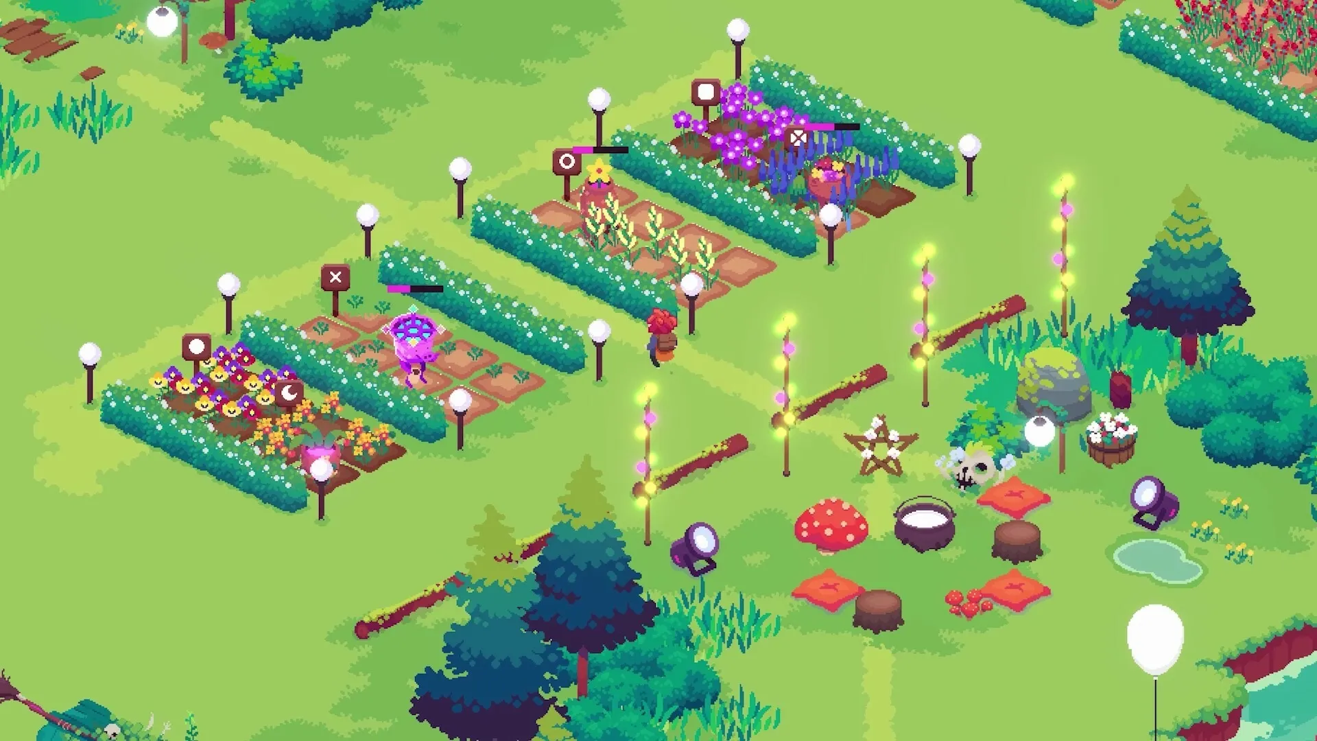 Ritual of Raven: Character tending magical herb garden with glowing constructs and colorful plants