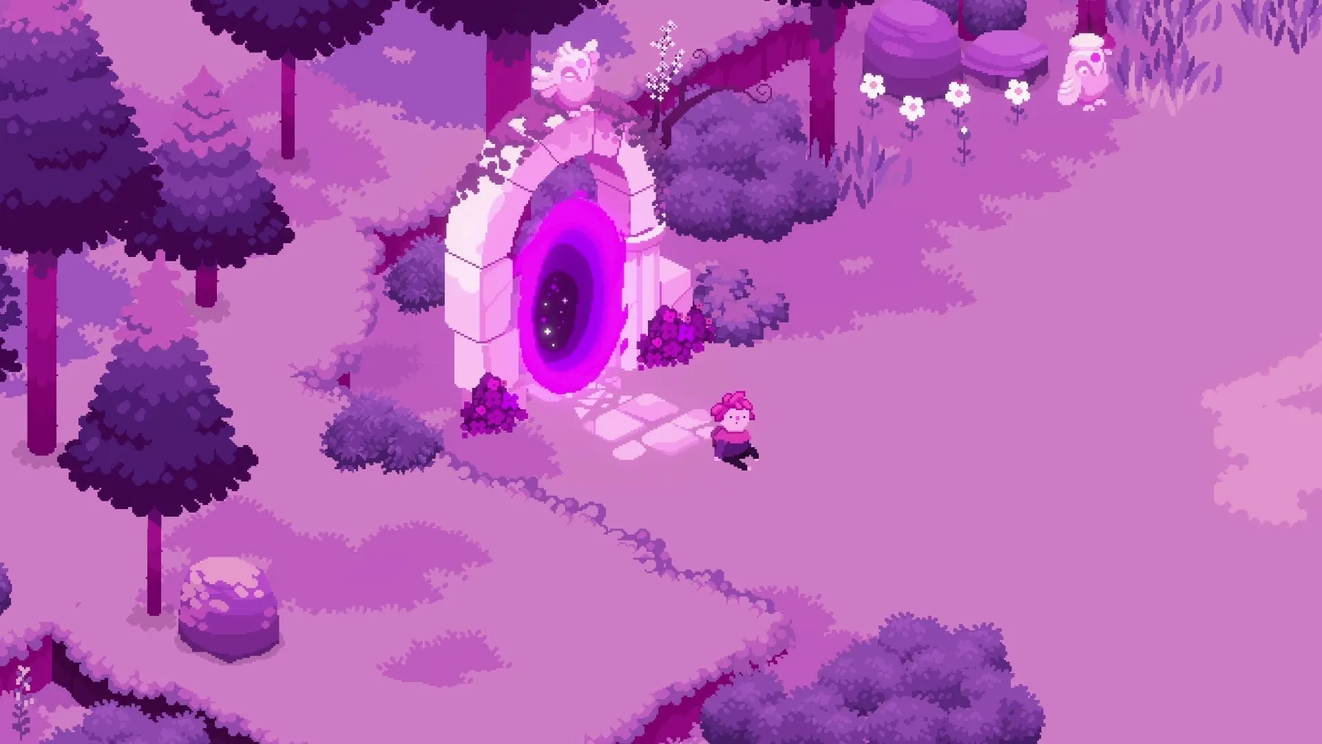 Ritual of Raven: Character approaching a glowing purple portal in a mystical forest setting.
