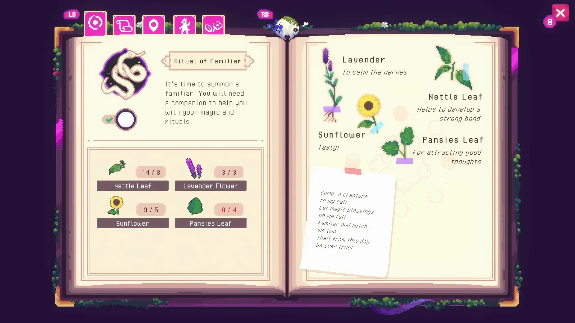 Ritual of Raven: Open spellbook showing ingredients for ritual, including Nettle Leaf and Lavender Flower