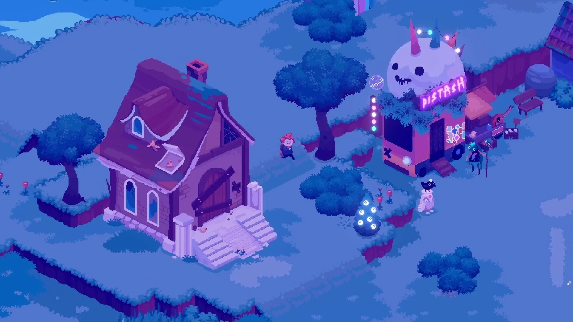 Ritual of Raven: Character exploring village near whimsical house and lit-up shop with decorations