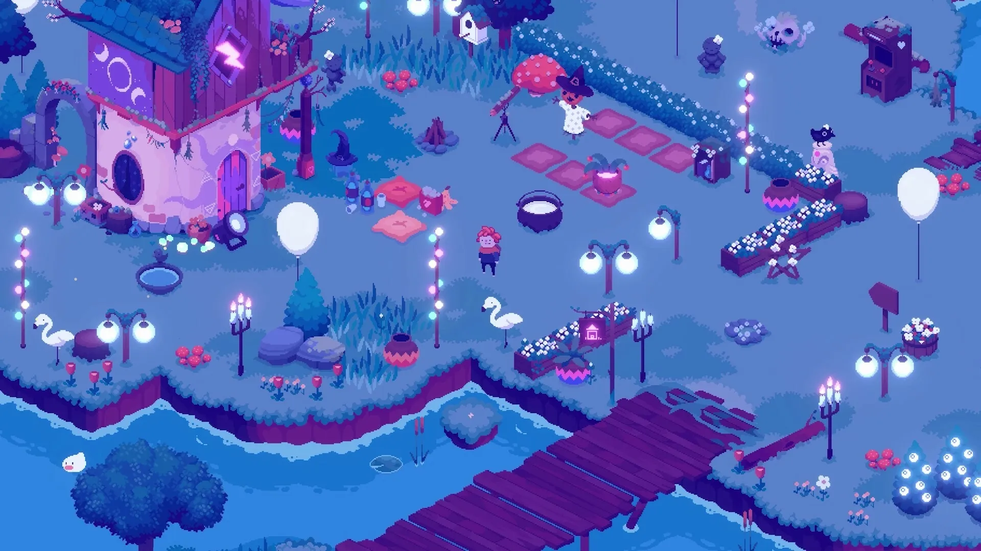 Ritual of Raven: Witch character in garden setting with magical lights, cauldron, and river bridge.