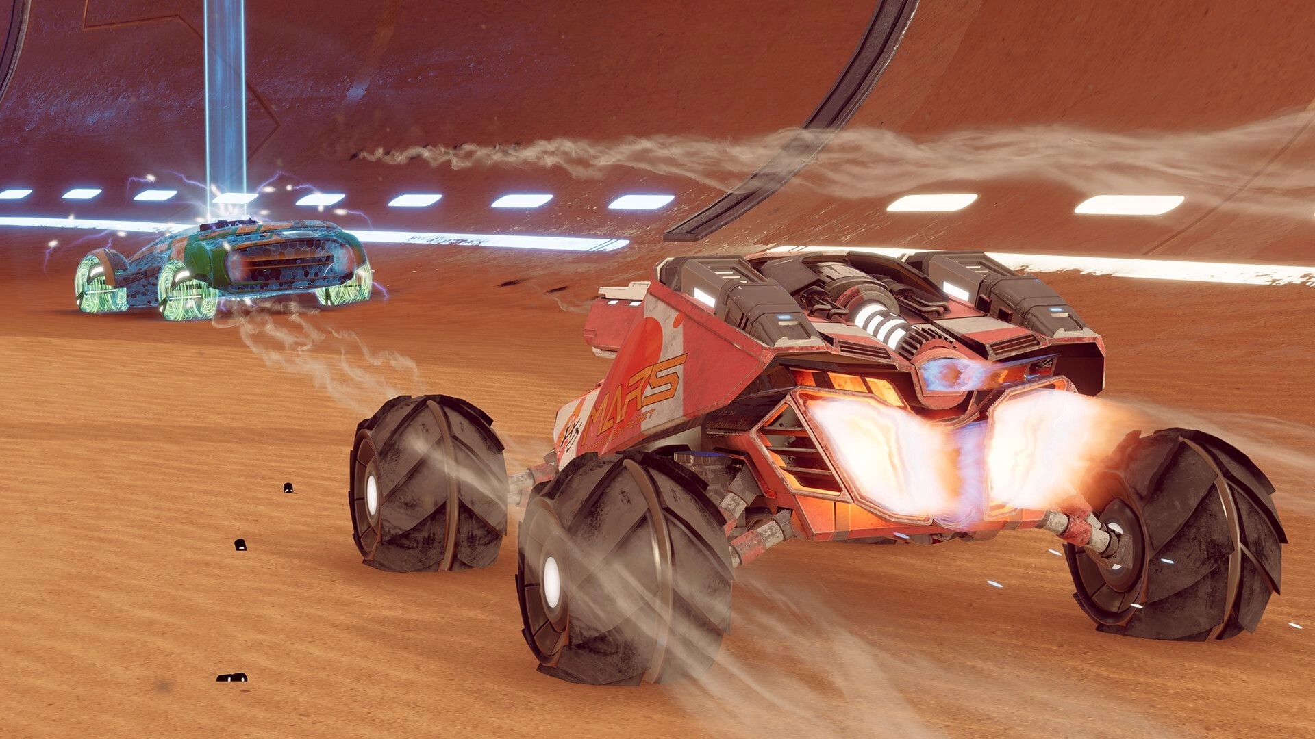 Rivals Hover League: Two hover vehicles racing in a sandy arena with glowing trails and visible exhaust.