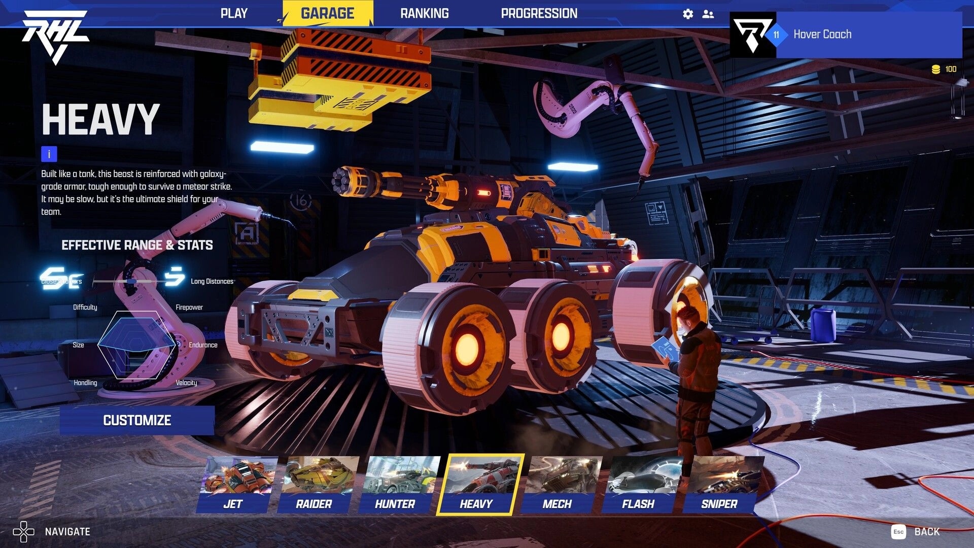 Rivals Hover League: Heavy vehicle customization menu in futuristic garage with stats and options visible